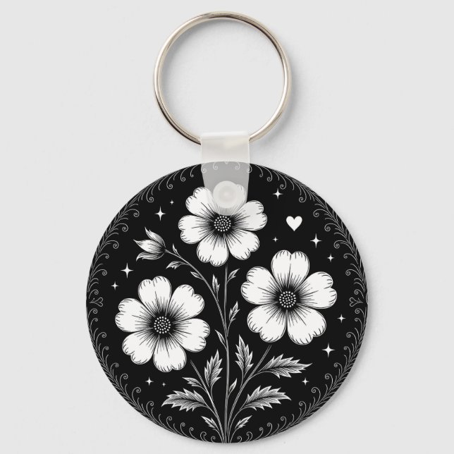 Svarta och vita gotiska blommor nyckelring (Framsida)