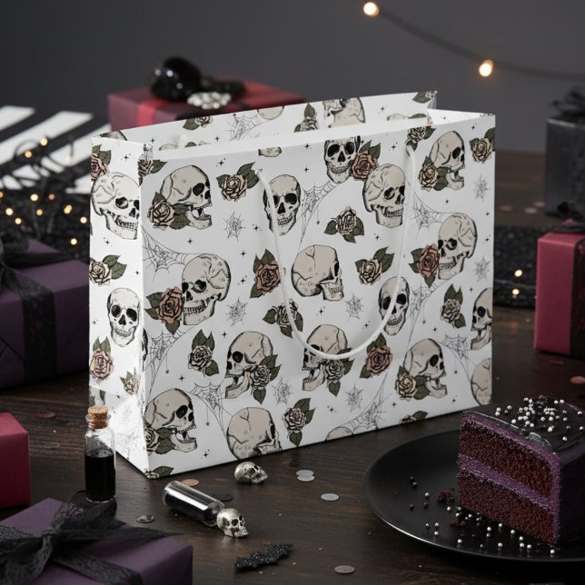 Svarta och vita gotiska Döskallar och Ro Halloween (White Gothic Floral Skull Gift Bags. Vintage Hand Drawn Skulls Roses in Black. Halloween or Birthday)
