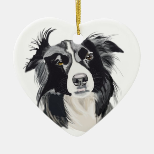 Svarta och vita Gräns Collie Ceramic Heart New Julgransprydnad Keramik (Framsidan)