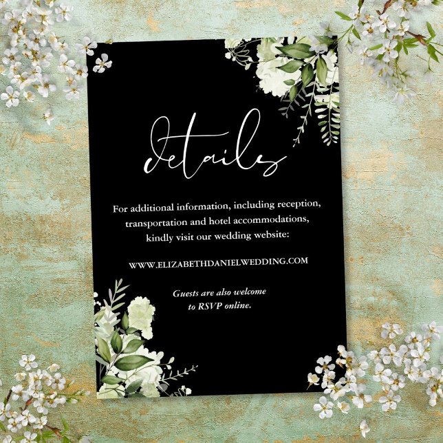 Svarta Och Vita Gröna Blommiga Bröllopsdetaljer Tilläggskort (Black And White Greenery Floral Wedding Details Enclosure Card)