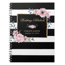 Svarta och vita Guld Rosa Blommigt Bröllop Anteckningsbok