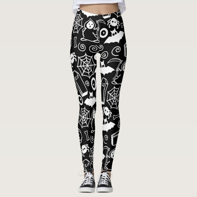 SVARTA OCH VITA HALLOWEEN DOODLES LEGGINGS (Framsida)