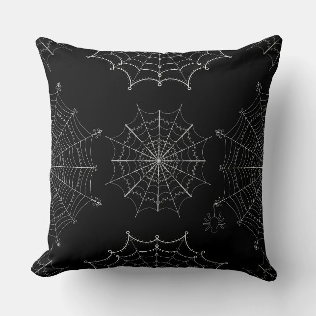 Svarta och vita Halloween-Spindelnät Kudde (Framsida)