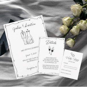 Svarta och vita Hand plockade Bride och Groom Bröl Inbjudningar