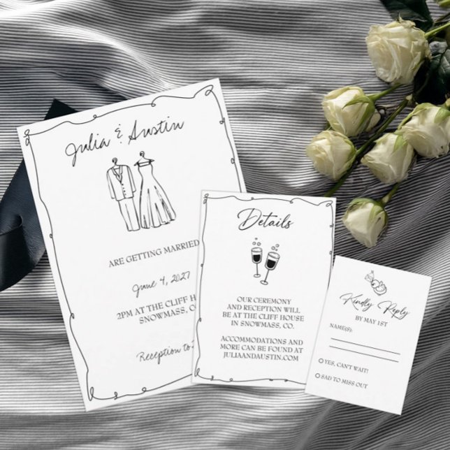 Svarta och vita Hand plockade Bride och Groom Bröl Inbjudningar (Skapare uppladdad)