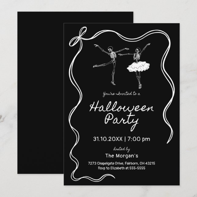 Svarta och vita Hand plockade Halloween fest Inbjudningar (Fram/baksida)