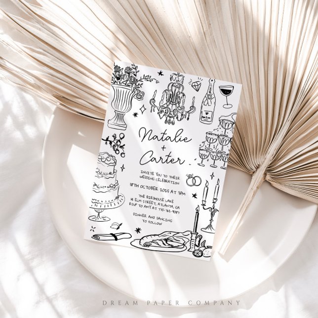 Svarta och vita Hand plockade Whimsical Bröllop Inbjudningar (Skapare uppladdad)