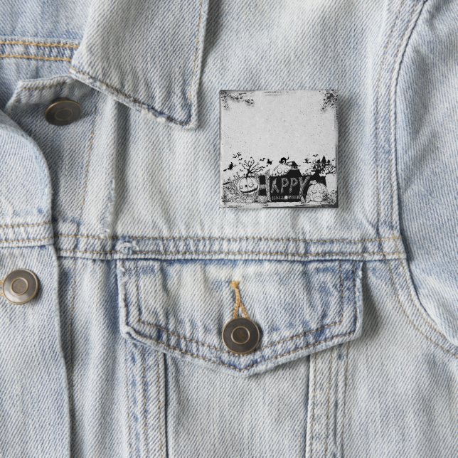 Svarta och vita Happy halloween Party Knapp (In Situ)