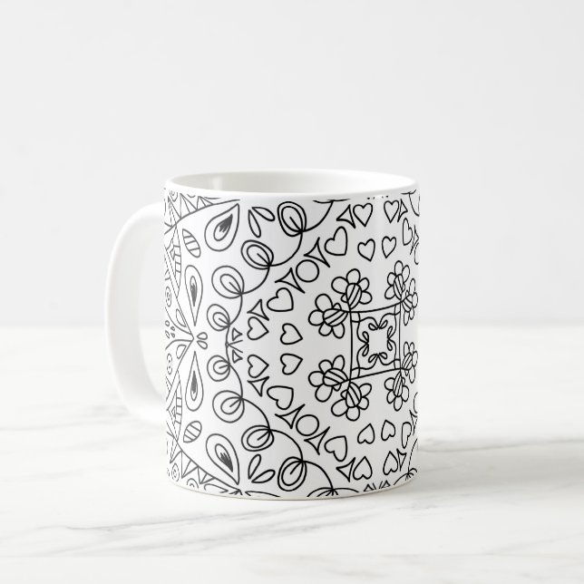 Svarta och vita hjärtformade mönster kaffemugg (Framsida vänster)