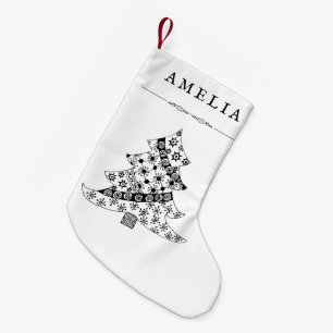 Svarta och vita Julgran Mönster Teckning Liten Julstrumpa