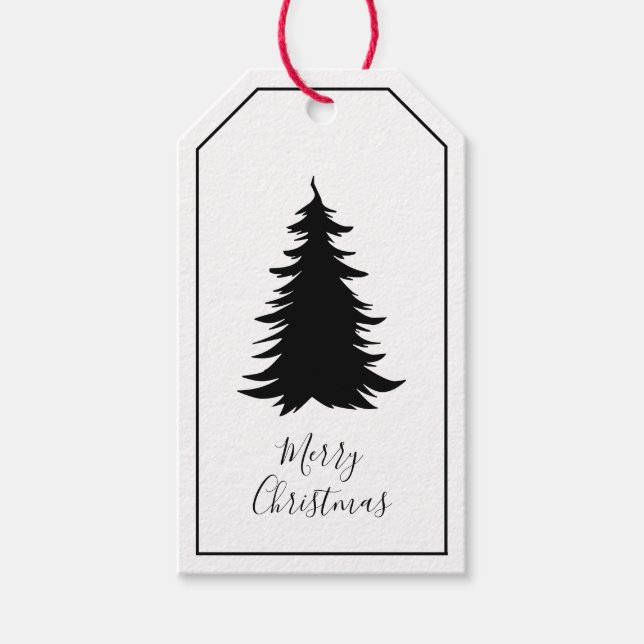 Svarta och vita Julgran Presentetikett (Framsidan)