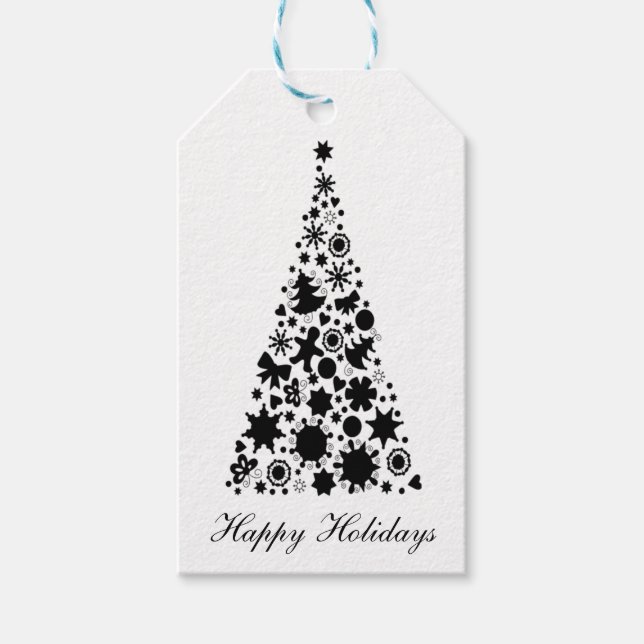 Svarta och vita Julgran Presentetikett (Framsidan)