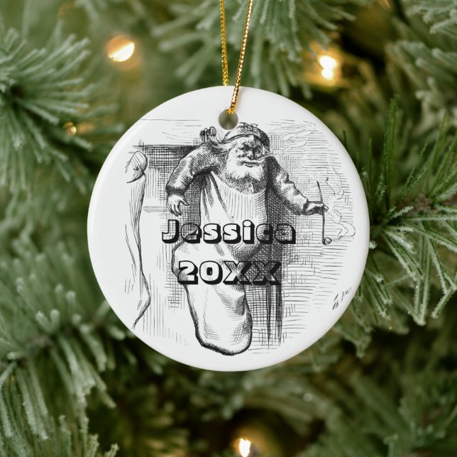 Svarta och vita jultomten och julkeramiskt namn julgransprydnad keramik (Träd)