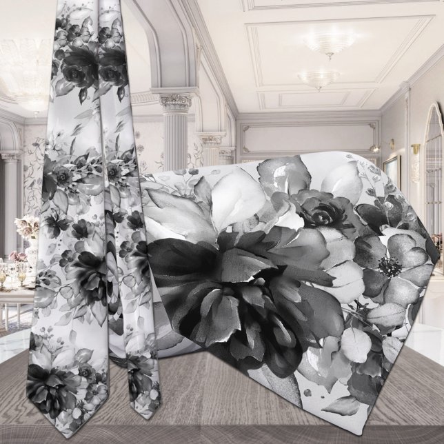 Svarta och vita kaskadPeonies Bröllop Neck Tie Slips (Skapare uppladdad)