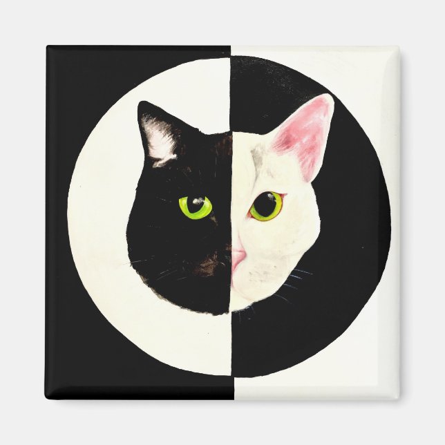 Svarta och vita katter ansikte yin och yang magnet (Framsidan)