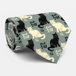 Svarta och vita katter med japanska tecken slips