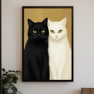 Svarta och vita katter på guldbakgrundsmålning poster