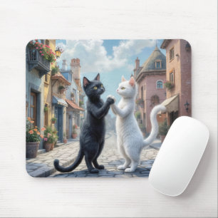 Svarta och vita katter som dansar på obblestone musmatta