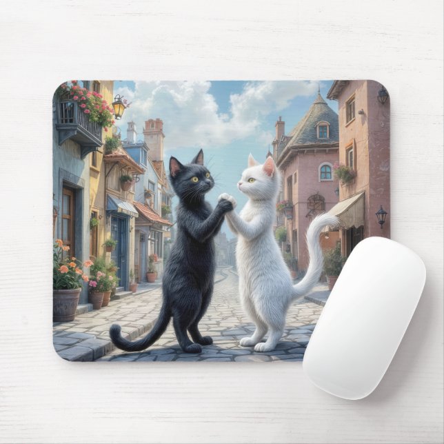 Svarta och vita katter som dansar på obblestone musmatta (Med mus)