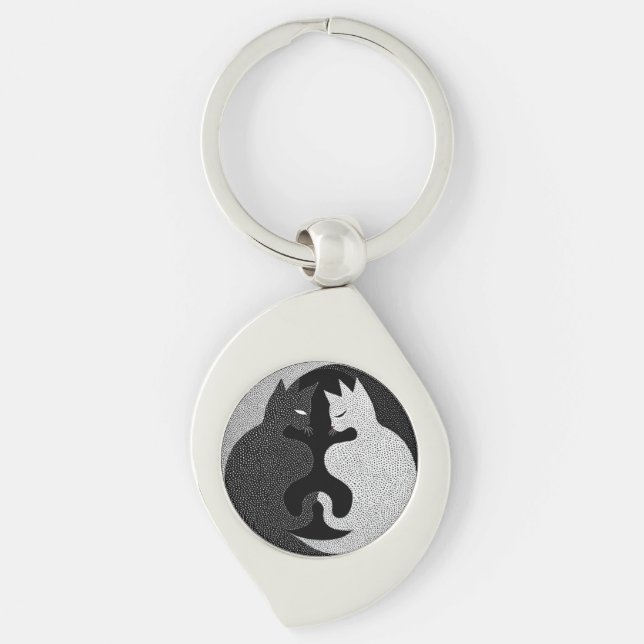 Svarta och vita katter swirl silverfärgad nyckelring (Framsidan)