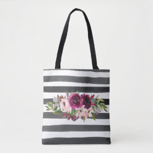 Svarta och vita linjer och blommor tygkasse
