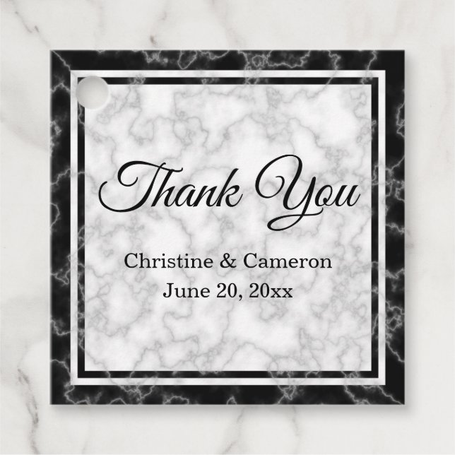 Svarta och vita Marble Bröllop Tack Gåvor Etiketter (Framsida)