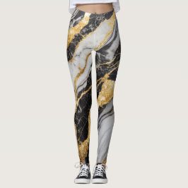 Svarta och vita Marble Mönster med Guld Leggings