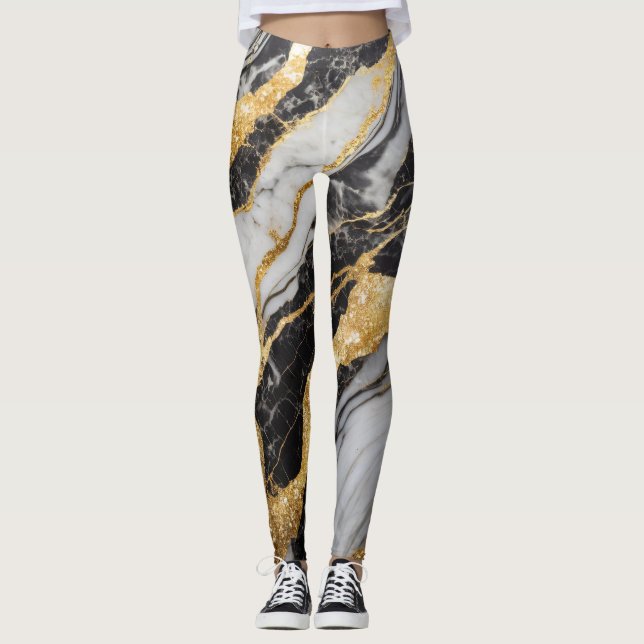 Svarta och vita Marble Mönster med Guld Leggings (Framsida)