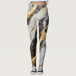 Svarta och vita Marble Mönster med Guld Leggings
