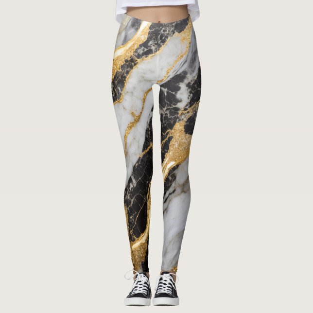 Svarta och vita Marble Mönster med Guld Leggings (Framsida)