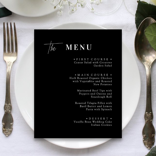 Svarta och vita menykort för bröllopsmiddag (Black and white wedding dinner menu cards add timeless elegance and guide guests through your meal.)
