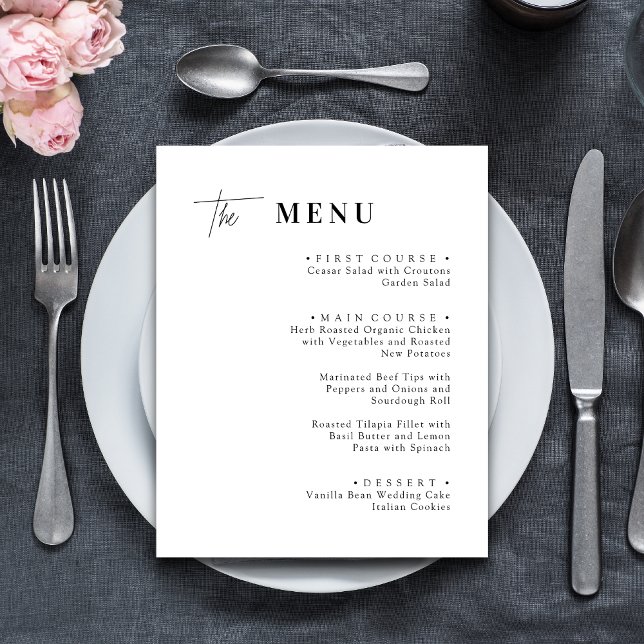 Svarta och vita menykort för bröllopsmiddag (Black and white wedding dinner menu cards add timeless elegance and guide guests through your meal.)
