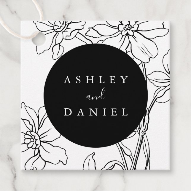 Svarta och vita moderna Blommigten Bröllop Gåvor Etiketter (Framsida)