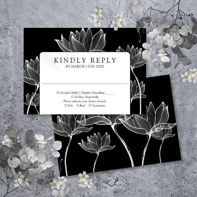Svarta och vita moderna botaniska Blommigten Bröll OSA Kort (Black And White Modern Botanical Floral Wedding RSVP Card)
