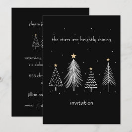 Svarta och vita moderna Julgran-Guld-stjärnor Inbjudningar