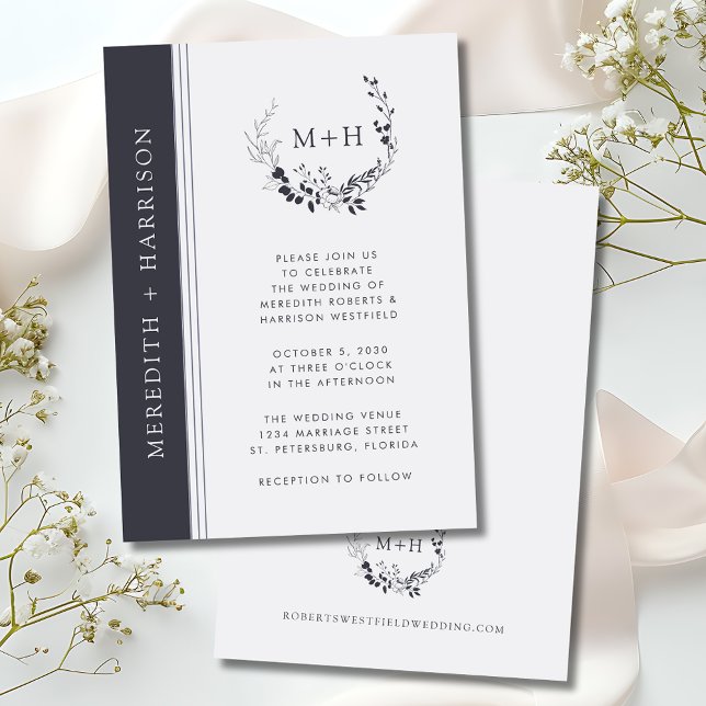 Svarta och vita Monogram andedräkt Bröllop Inbjudningar (Monogram Wreath Black and White Inked Botanical Wedding Invitation)