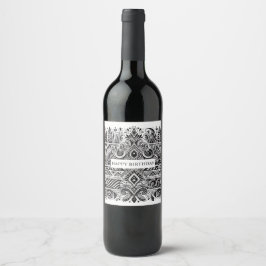 svarta och vita mönster födelsedags vin etiketter