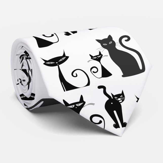 Svarta och vita Mönster med ynka Tittar katter Slips (Rullad)