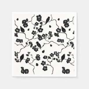 Svarta och vita mönsterfåglar på körsbärsblommor   pappersservett