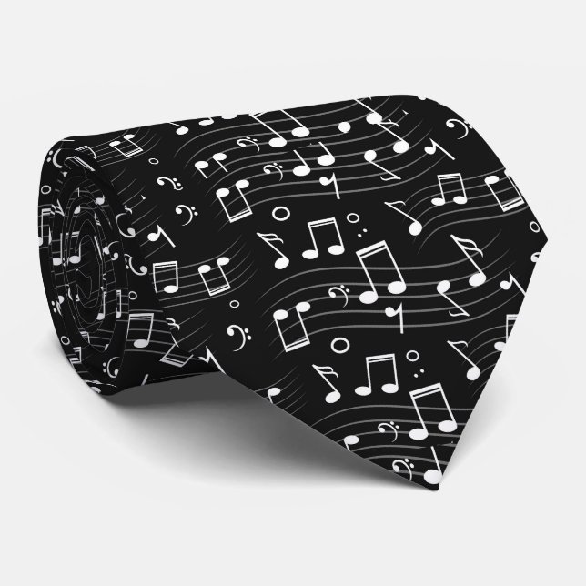 Svarta och vita musiknoter slips (Rullad)