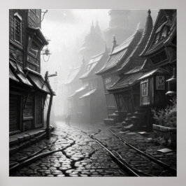 Svarta och vita mystergamla gatan i en gammal stad poster