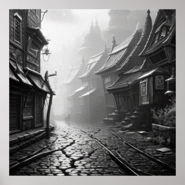 Svarta och vita mystergamla gatan i en gammal stad poster (Framsidan)