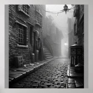 Svarta och vita mystergamla gatan i en gammal stad poster