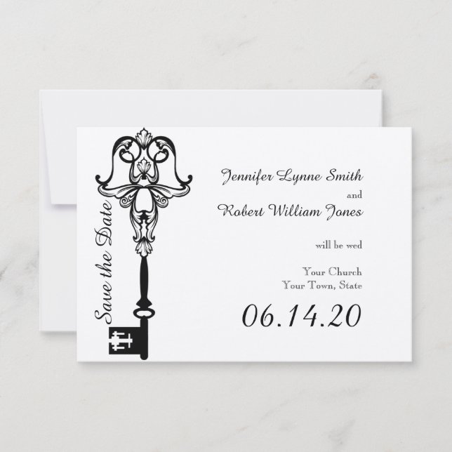 Svarta och vita Nyckel Bröllop spara datum Datumet (Framsida)