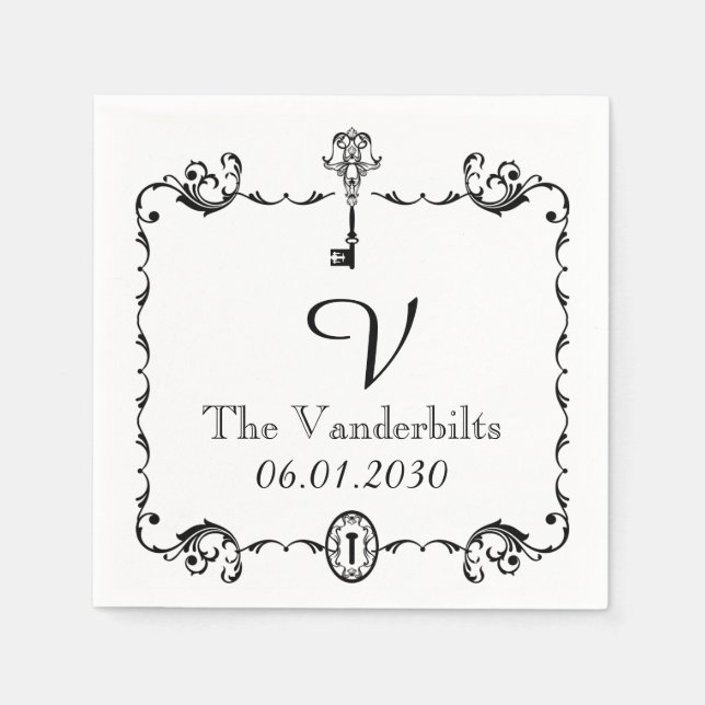 Svarta och vita Nyckel Monogram Bröllop Pappersservett (Framsidan)