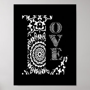 Svarta och vita Ord Art Lacy Patterned Kärlek Poster