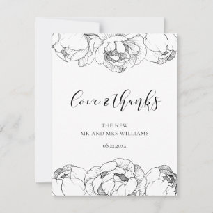 Svarta och vita pioner eleganta Love & Thanks-kort Tack Kort