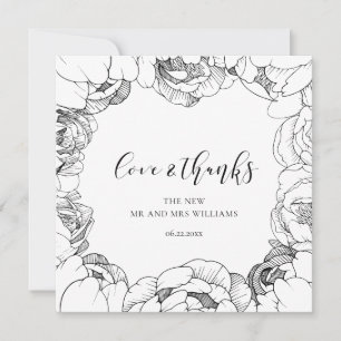Svarta och vita pioner eleganta Love & Thanks-kort Tack Kort