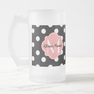 Svarta och vita Polka dots med Rosa Monogram Frostat Ölglas
