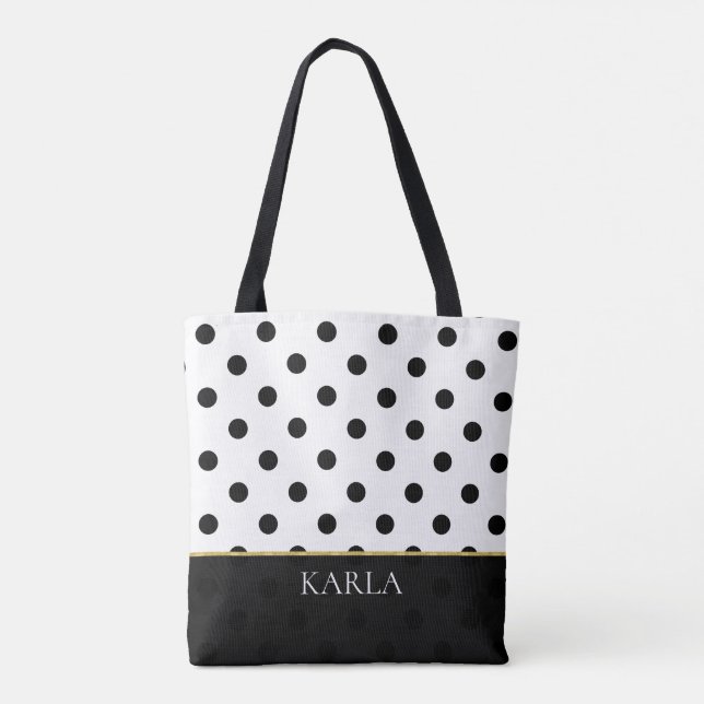 Svarta och vita Polka dots Mönster Monogram Tygkasse (Baksida)